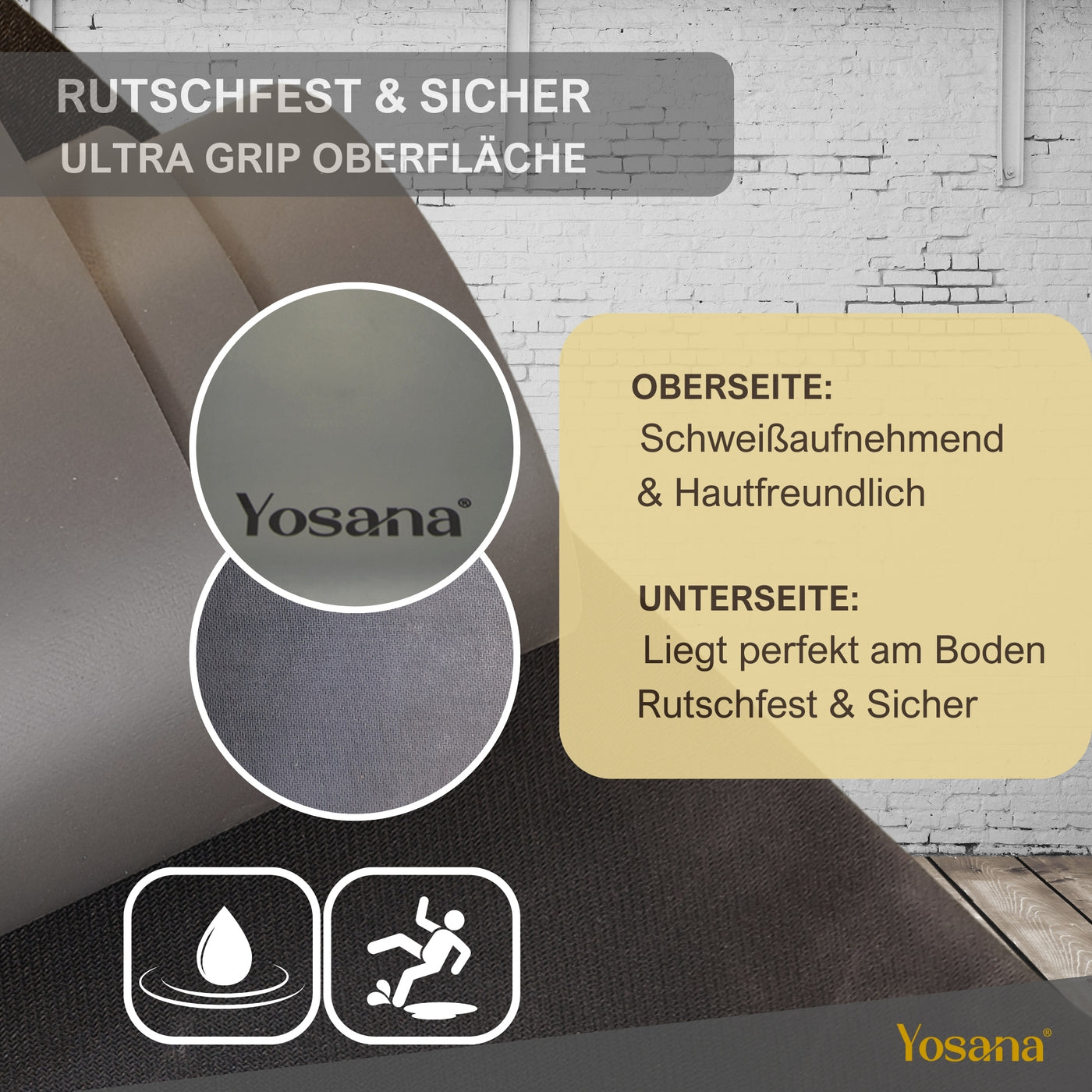 Yogamatte Studioline Ultra-Grip "Grau" inkl. Tragegurt - YOSANA