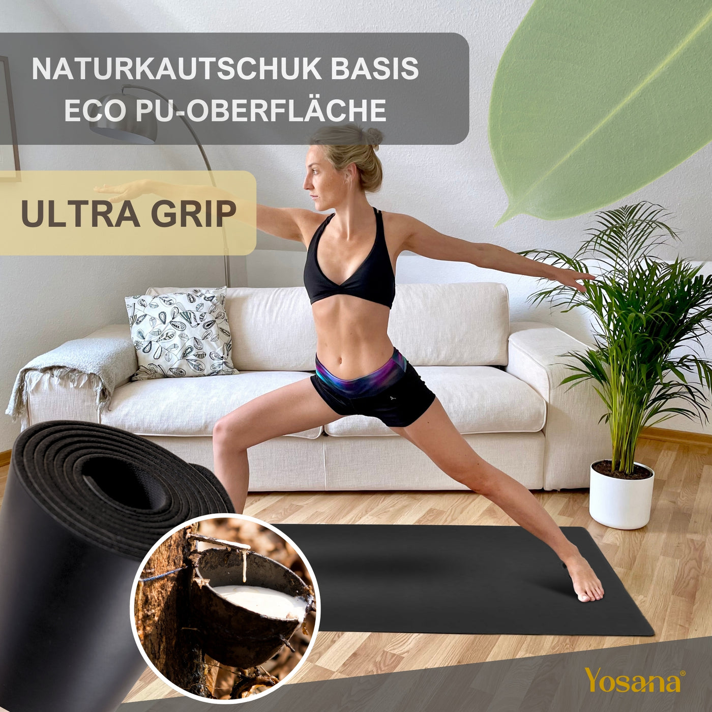 Yogamatte Studioline Ultra-Grip "Schwarz" inkl. Tragegurt - YOSANA