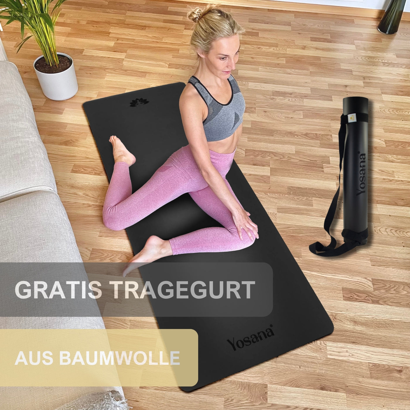 Yogamatte Studioline Ultra-Grip "Schwarz" inkl. Tragegurt - YOSANA