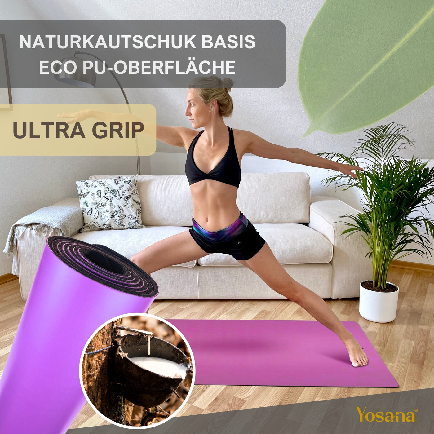 Yogamatte Studioline Ultra-Grip "Flieder" inkl. Tragegurt - YOSANA