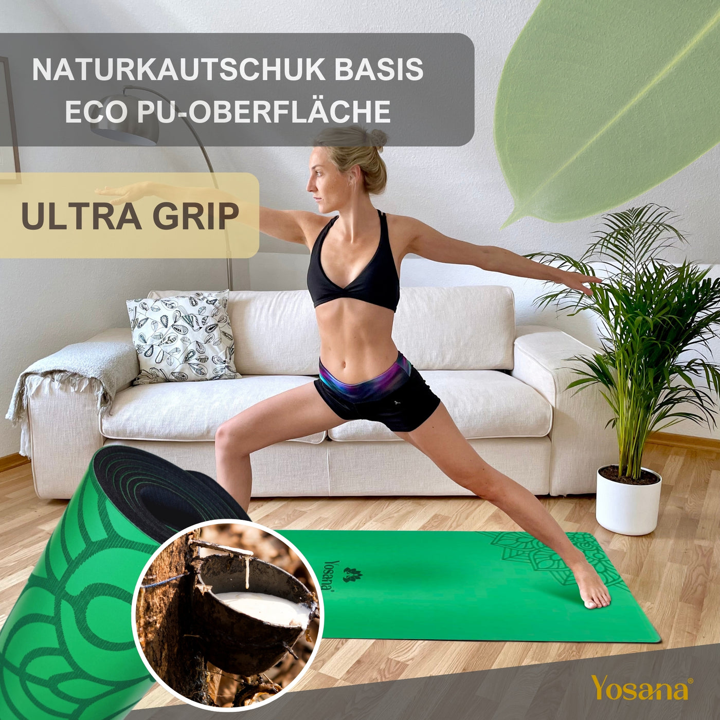 Yogamatte Studioline Ultra-Grip "Grün" inkl. Tragegurt - YOSANA