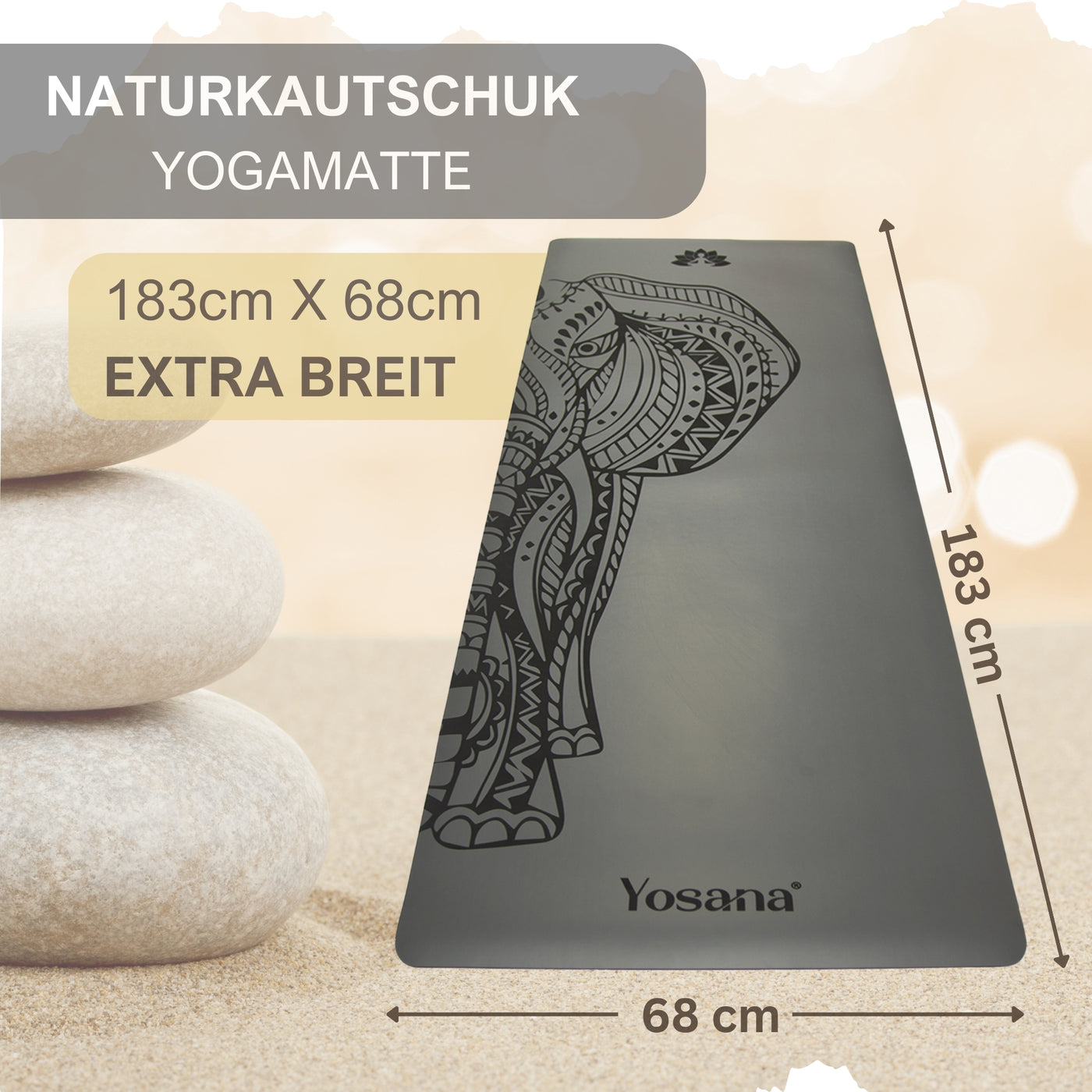 Yogamatte Studioline Ultra-Grip "Grau Elefant" inkl. Tragegurt - YOSANA