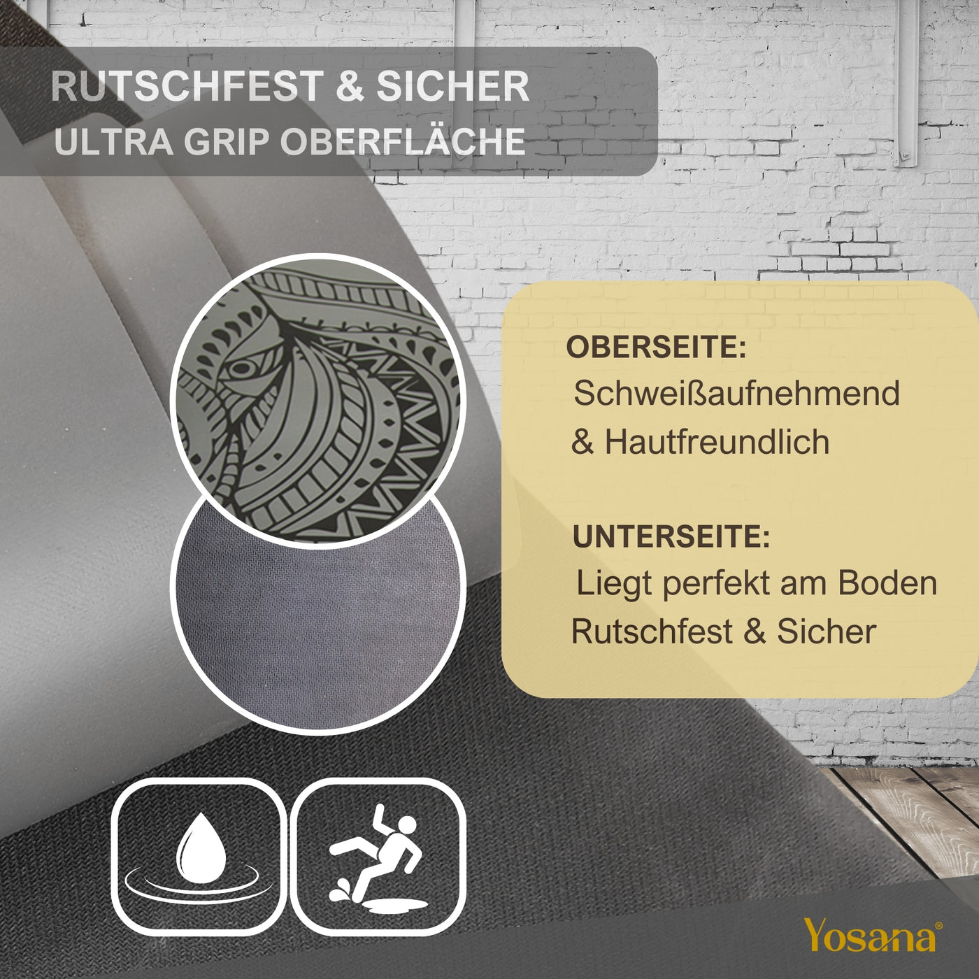 Yogamatte Studioline Ultra-Grip "Grau Elefant" inkl. Tragegurt - YOSANA